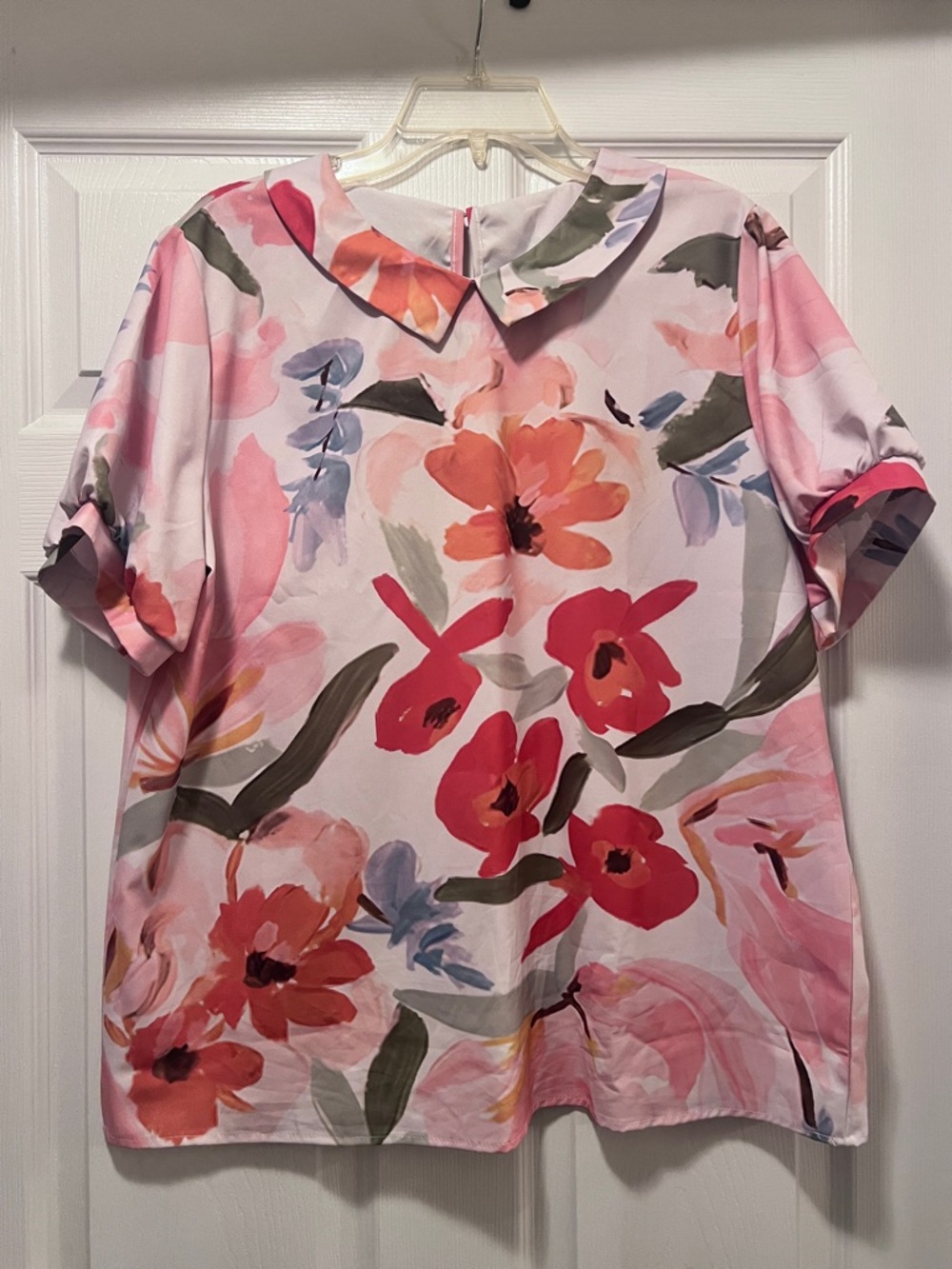 Floral Pink Short Sleeve Blouse with Peter Pan Collar